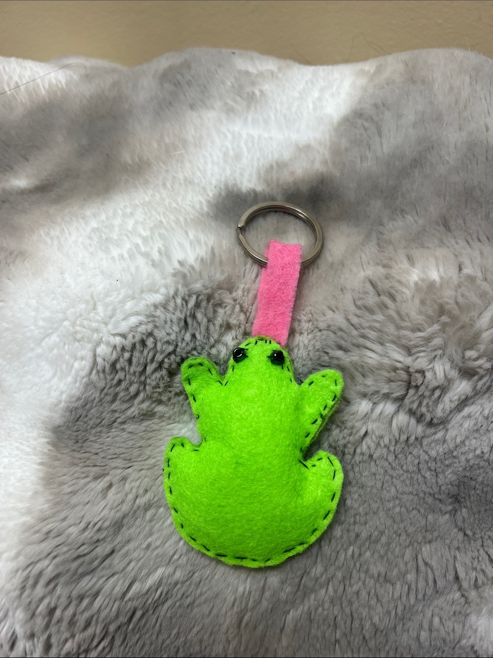 Neon Green Felt Frog Keychain with Pink Strap